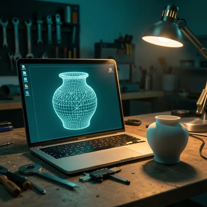 CAD-Planung eines 3D-Modells am Laptop